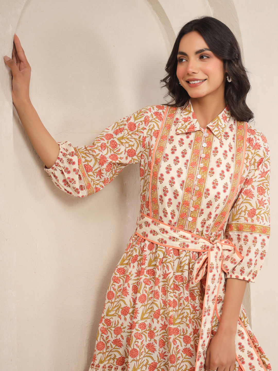 White and Peach Printed Cotton Tier Dress