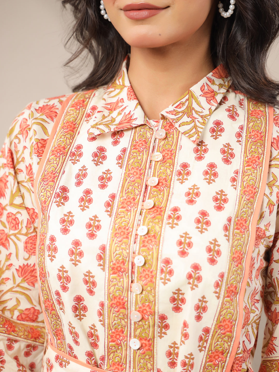 White and Peach Printed Cotton Tier Dress