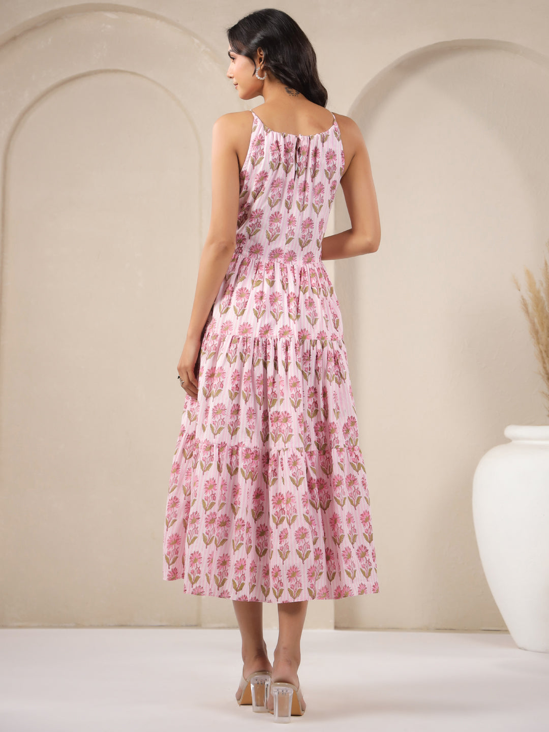 Pink Stripes Handblock Printed Cotton Maxi Dress
