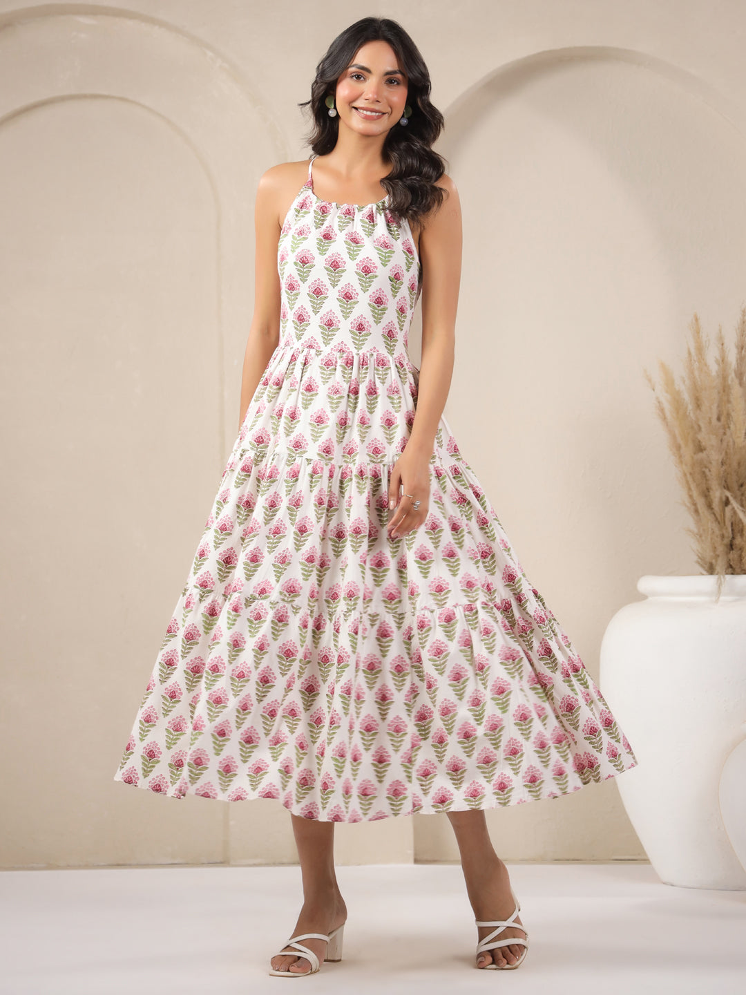 White Booti Handblock Printed Cotton Maxi Dress