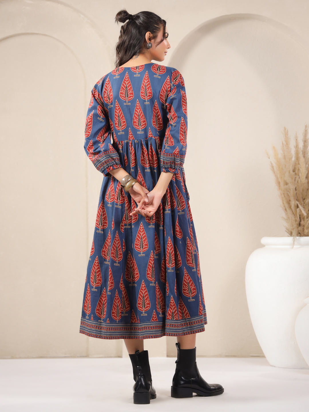 Blue Printed Cotton V-Neck Dress