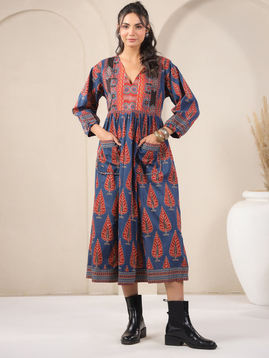 Blue Printed Cotton V-Neck Dress