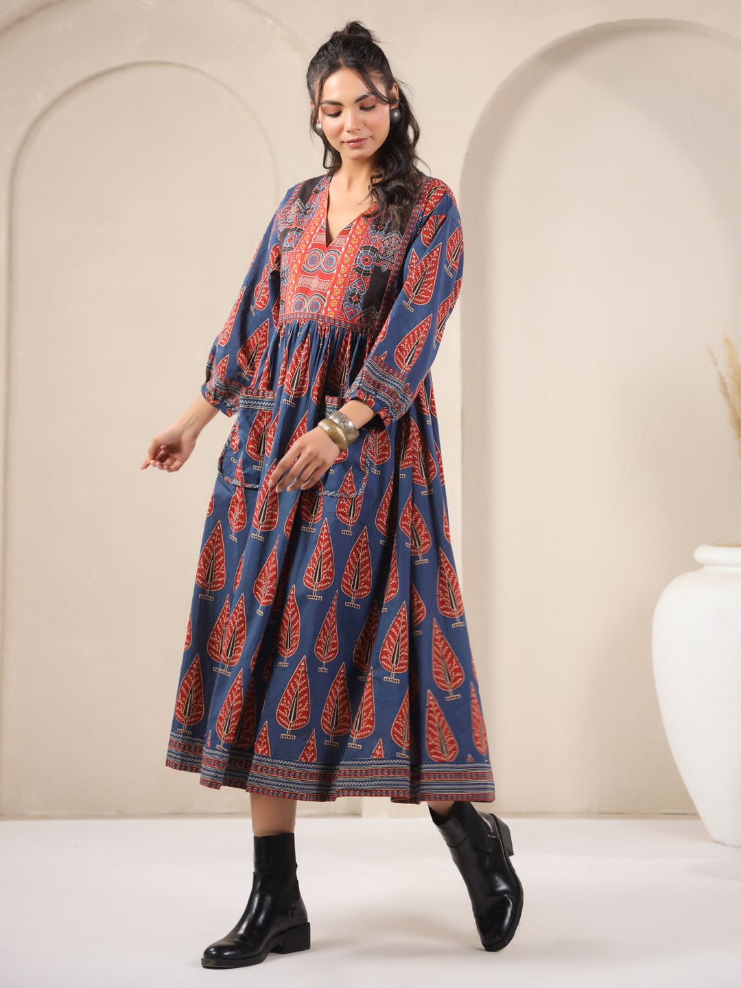 Blue Printed Cotton V-Neck Dress