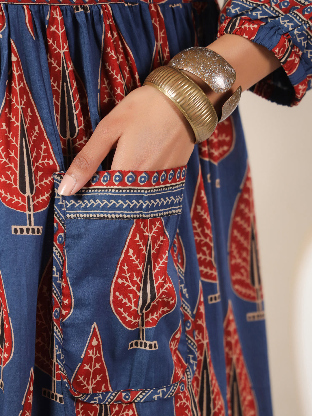 Blue Printed Cotton V-Neck Dress