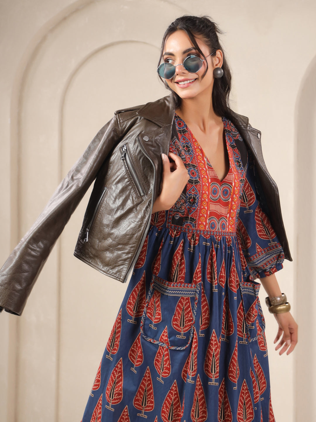 Blue Printed Cotton V-Neck Dress