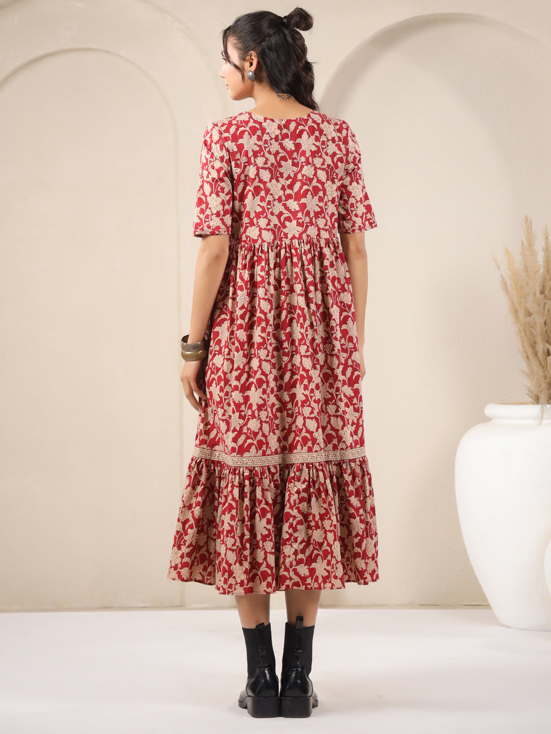 Red V-Neck Printed Cotton Dress
