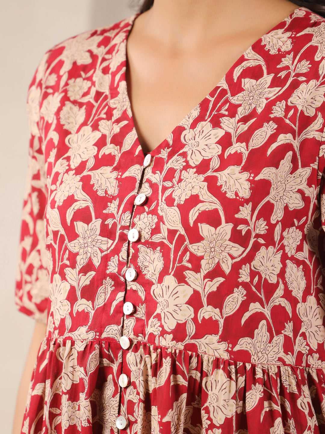 Red V-Neck Printed Cotton Dress