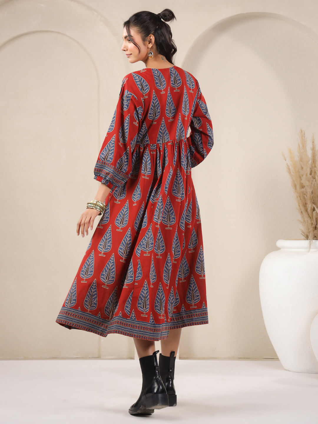 Red Printed Cotton V-Neck Dress