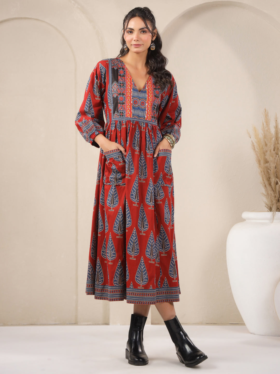 Red Printed Cotton V-Neck Dress