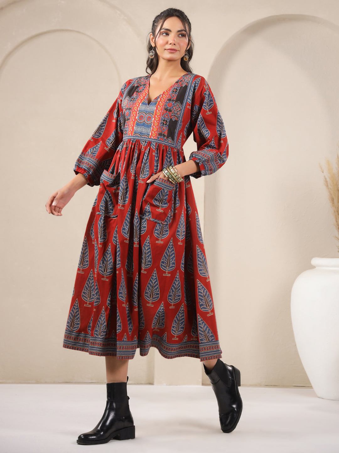 Red Printed Cotton V-Neck Dress