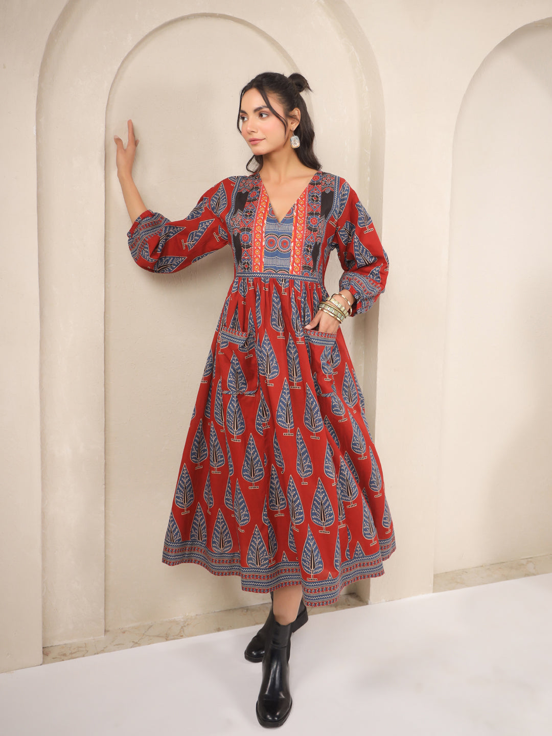 Red Printed Cotton V-Neck Dress