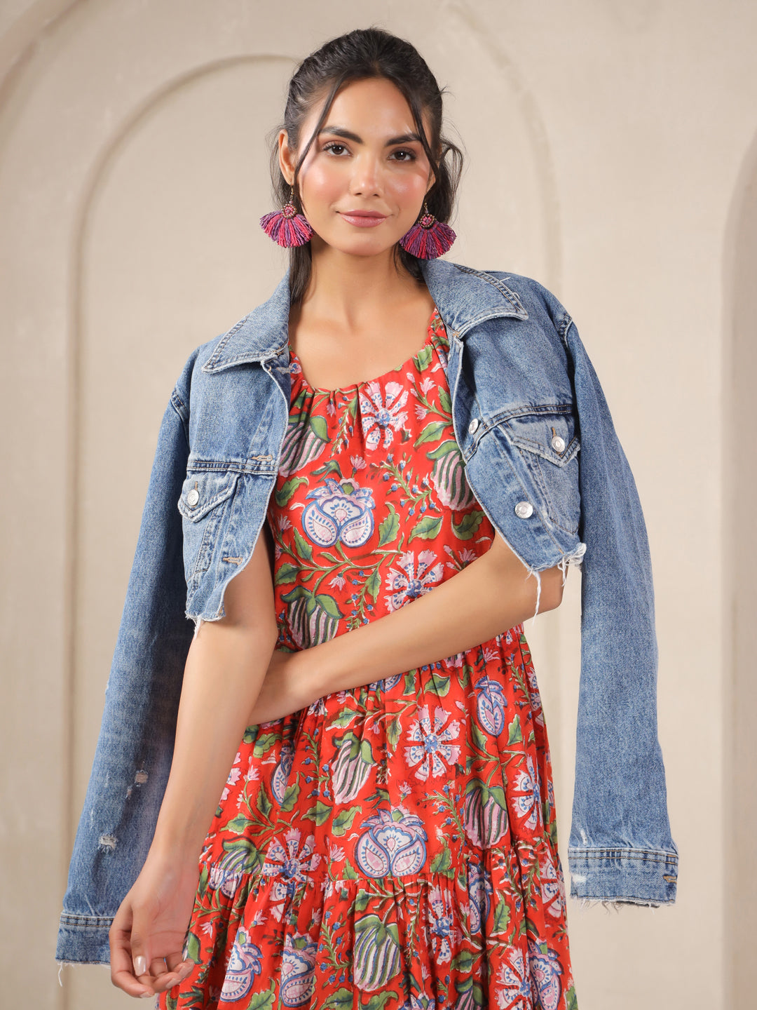 Orange Handblock Printed Cotton Maxi Dress