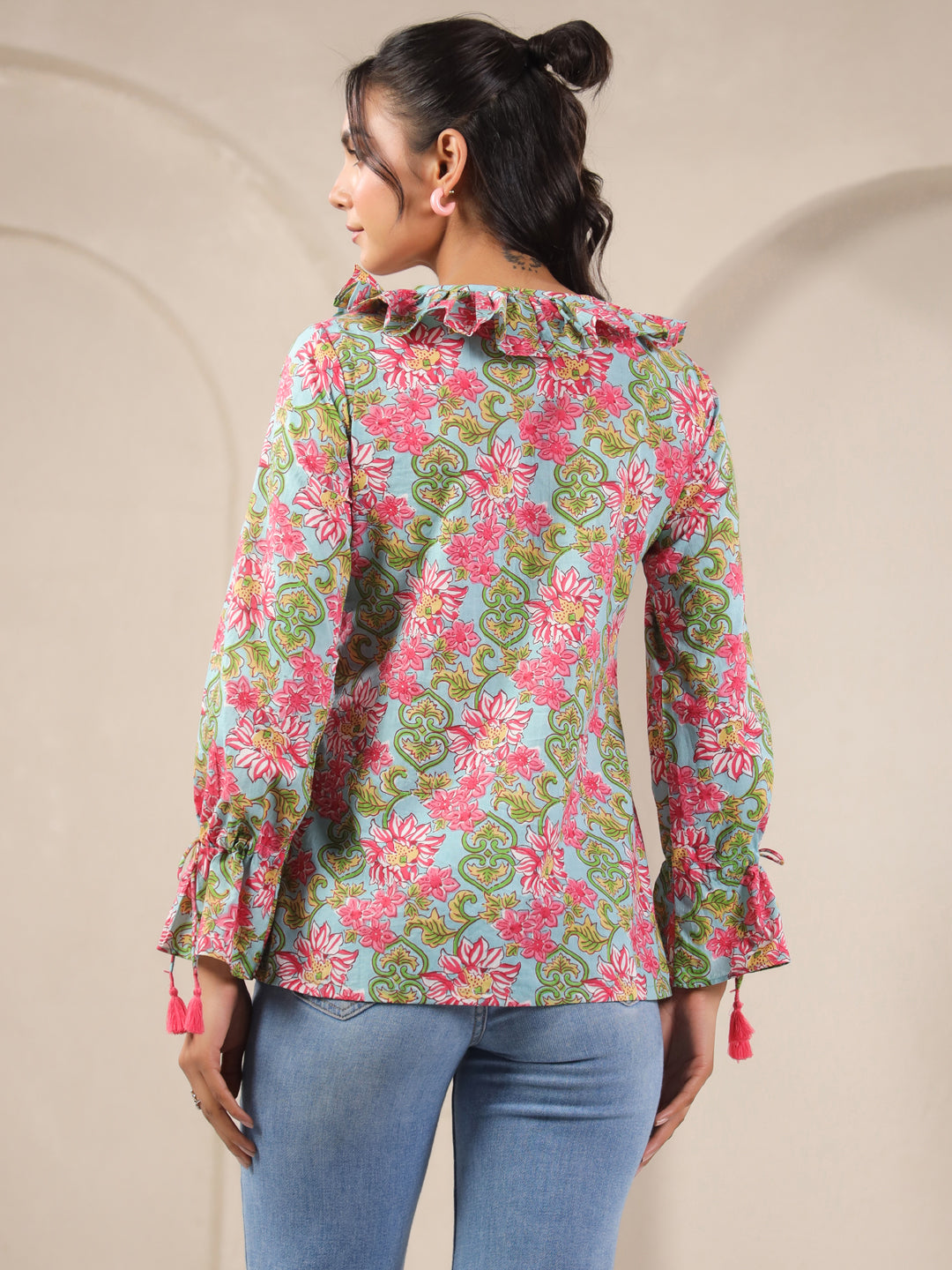 Ice Blue Printed V-Neck Cotton Top