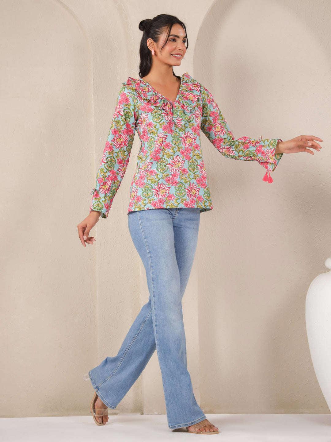 Ice Blue Printed V-Neck Cotton Top