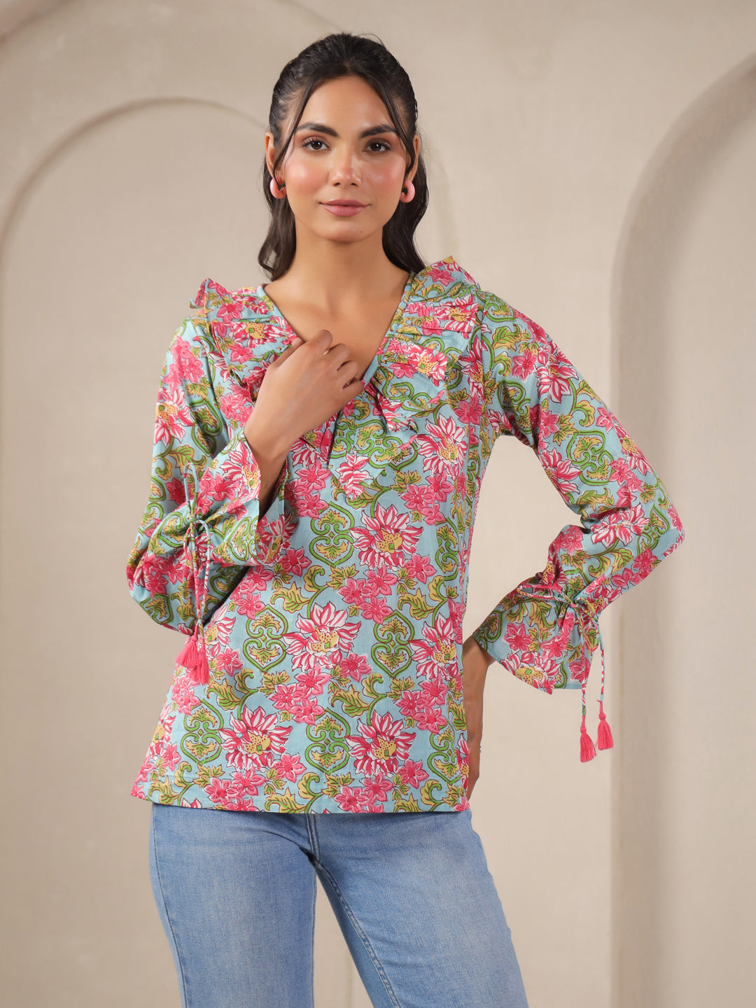 Ice Blue Printed V-Neck Cotton Top