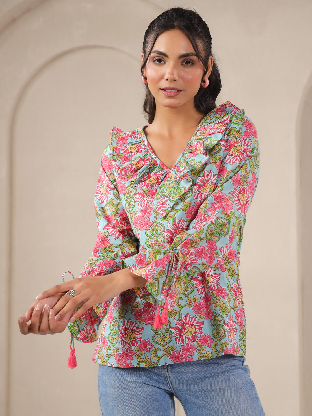 Ice Blue Printed V-Neck Cotton Top