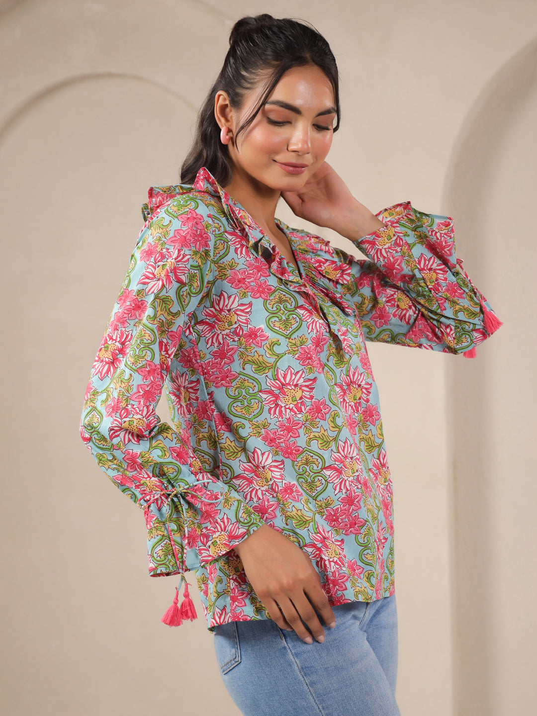 Ice Blue Printed V-Neck Cotton Top
