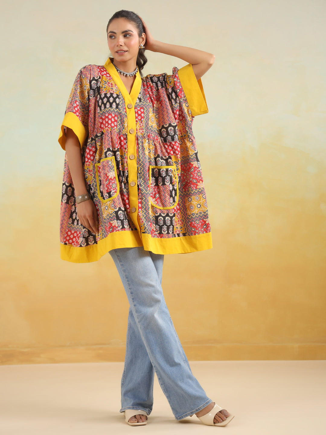 Red & Yellow Patchwork Printed One Size Kaftan Top
