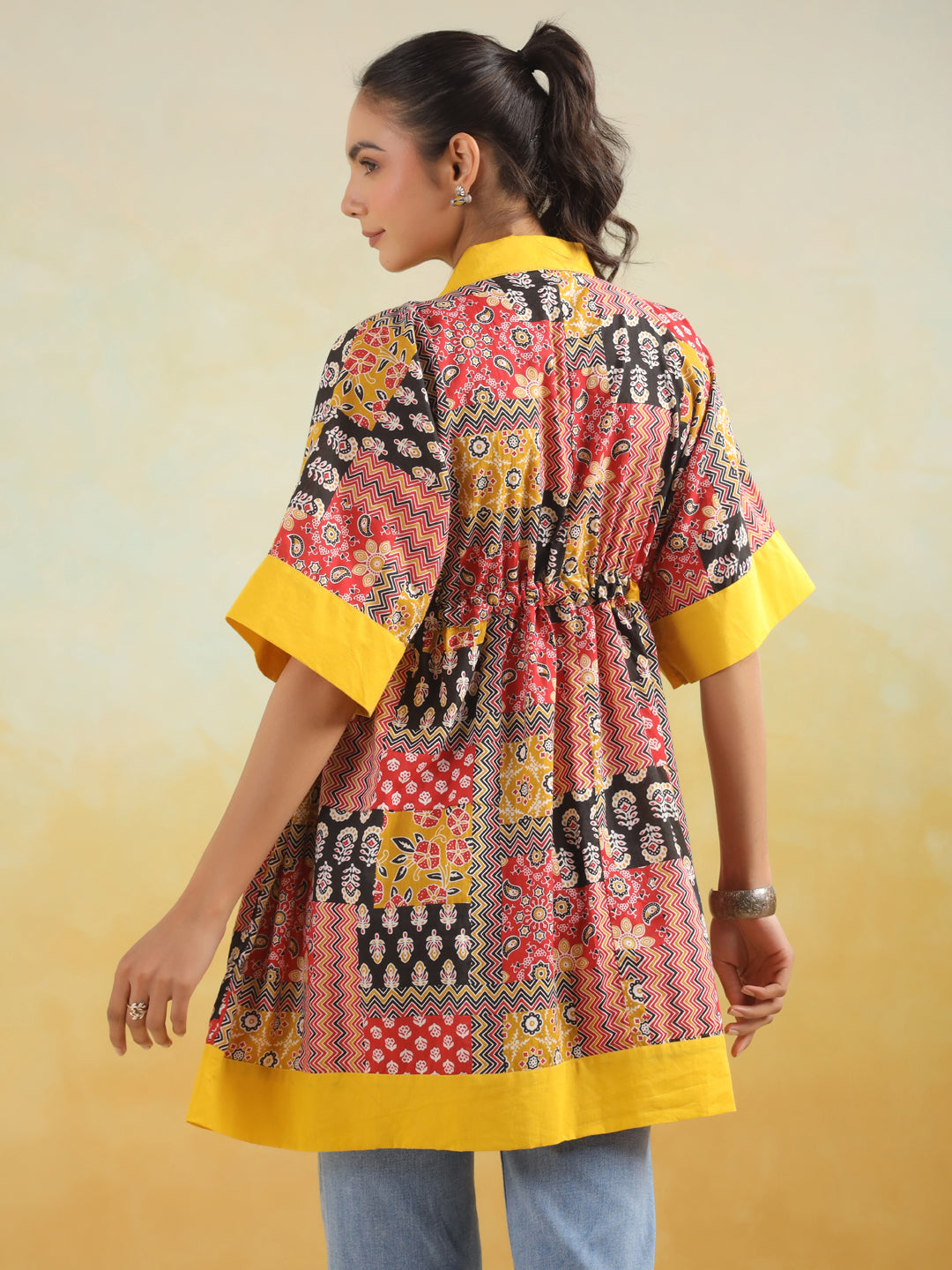Red & Yellow Patchwork Printed One Size Kaftan Top