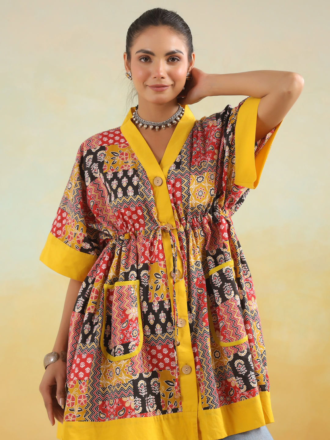 Red & Yellow Patchwork Printed One Size Kaftan Top