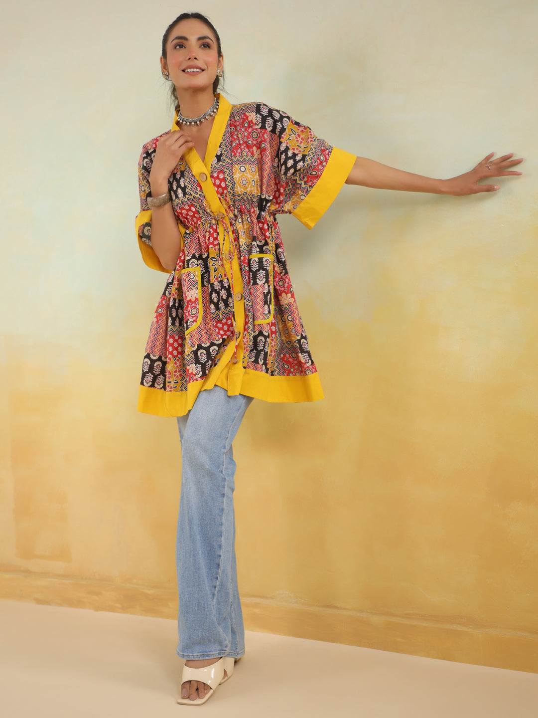 Red & Yellow Patchwork Printed One Size Kaftan Top