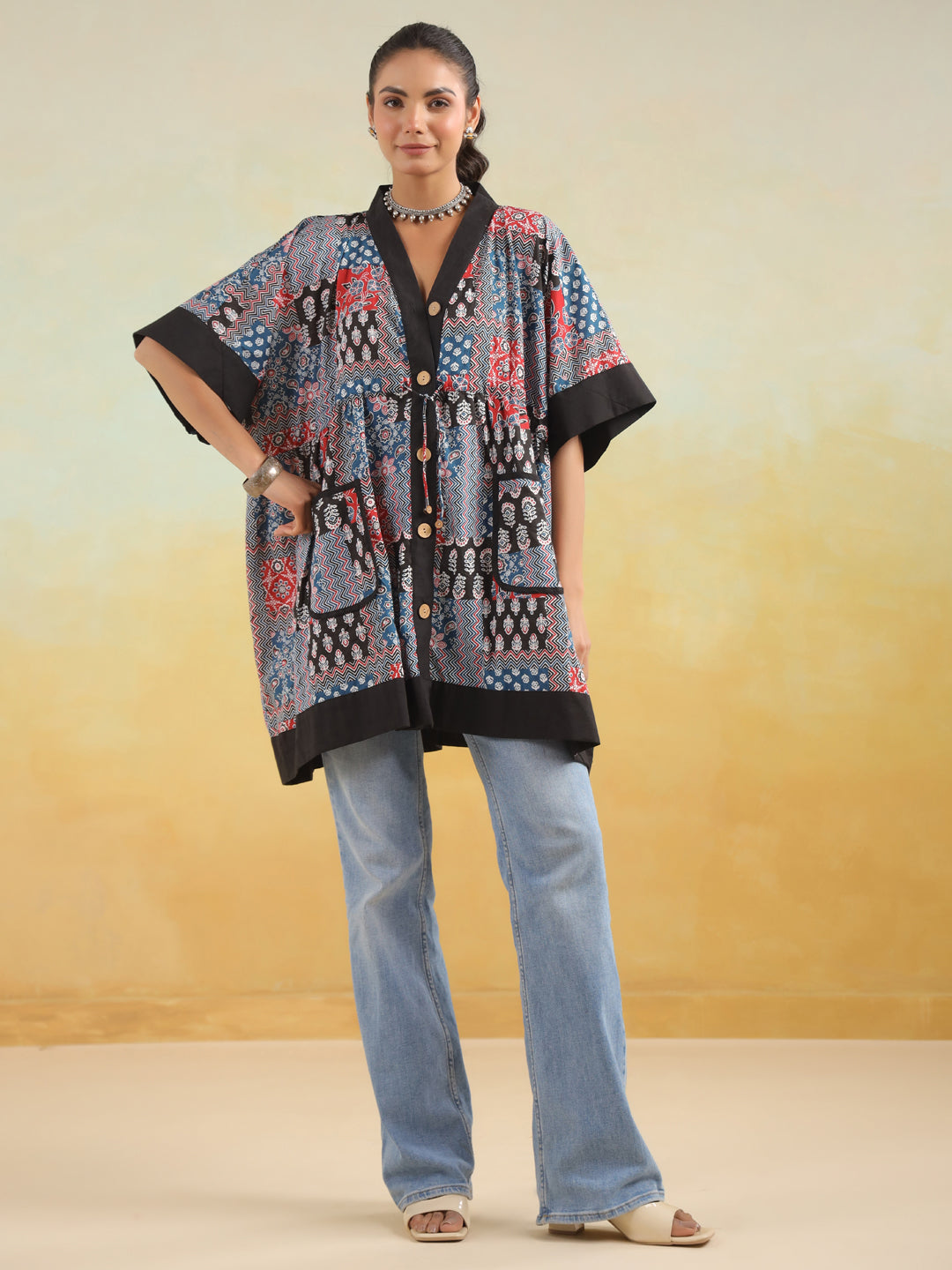 Indigo Patchwork Printed One Size Kaftan Top