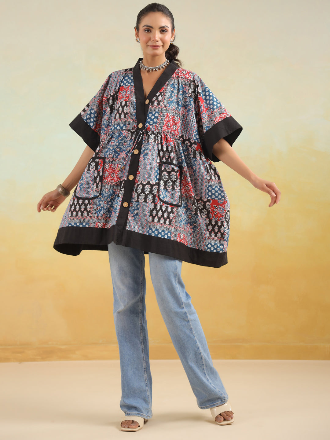 Indigo Patchwork Printed One Size Kaftan Top