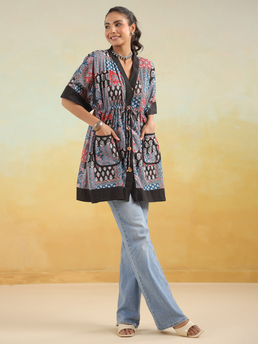 Indigo Patchwork Printed One Size Kaftan Top