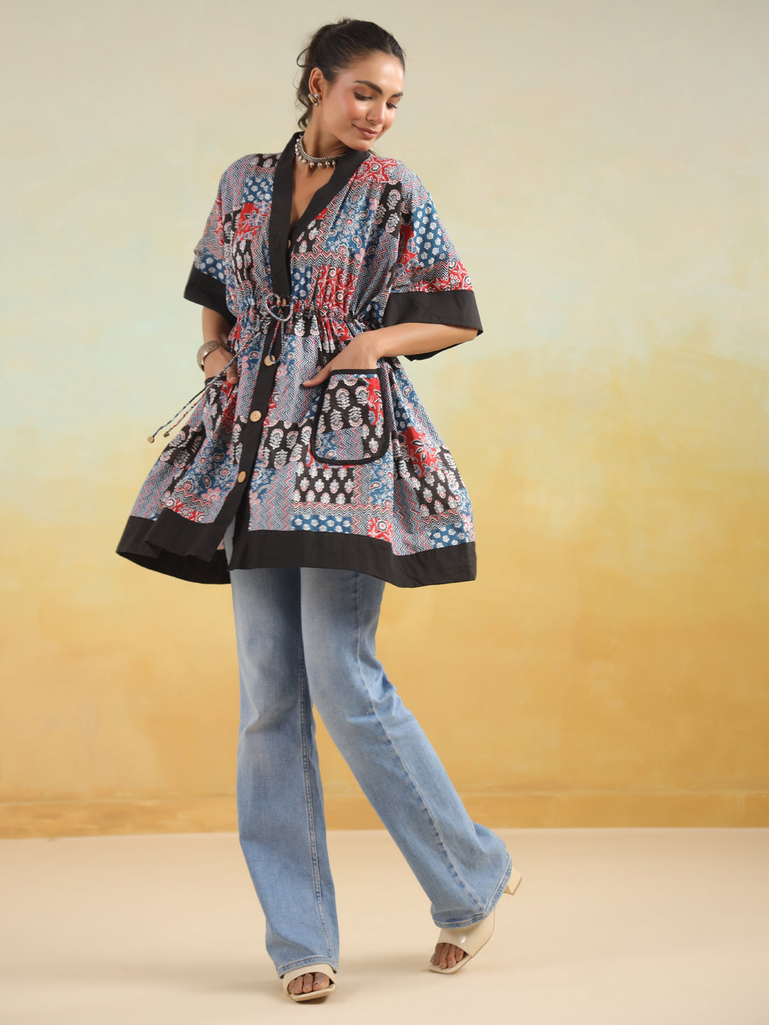 Indigo Patchwork Printed One Size Kaftan Top