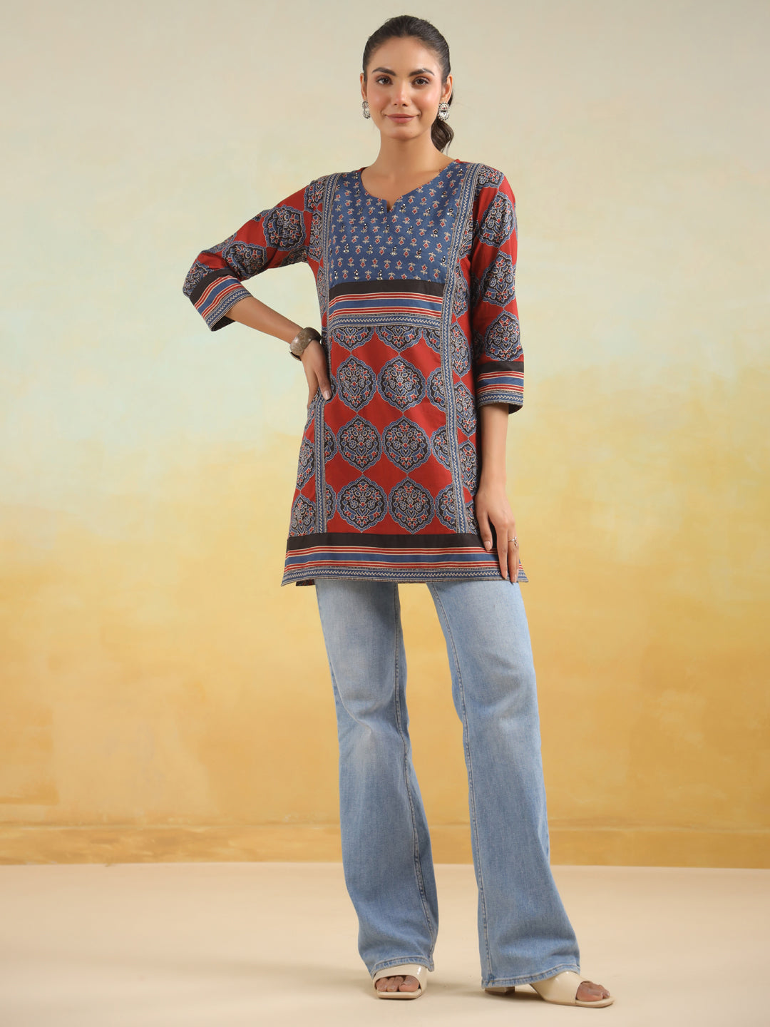 Red Printed Kurti with Side Slits