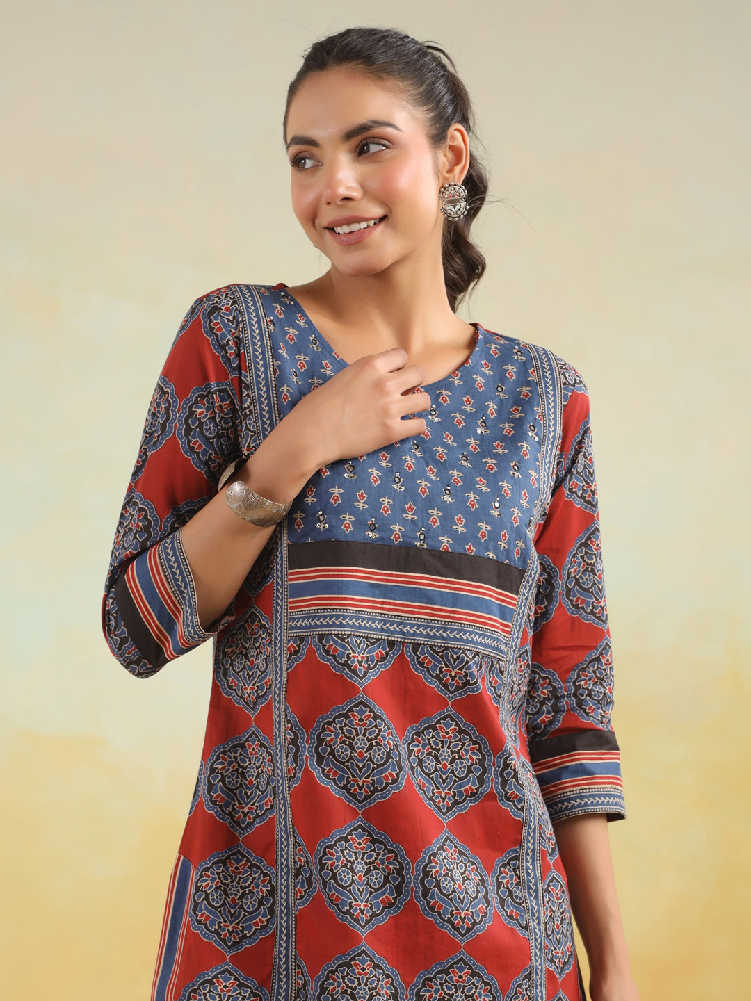 Red Printed Kurti with Side Slits
