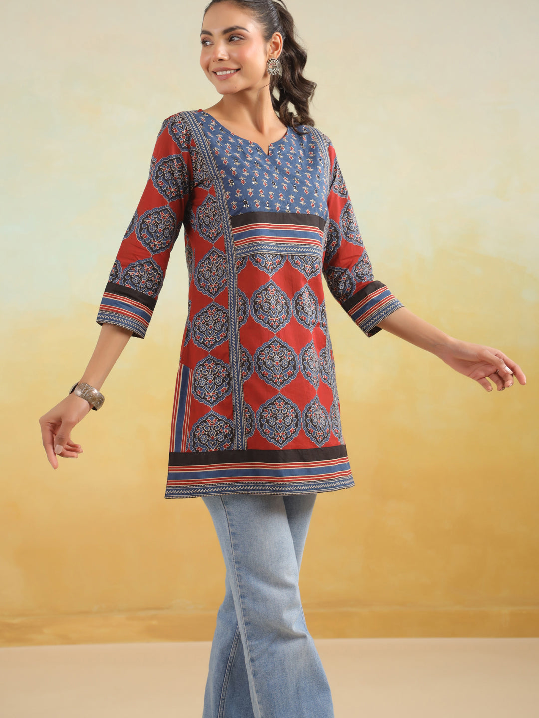 Red Printed Kurti with Side Slits