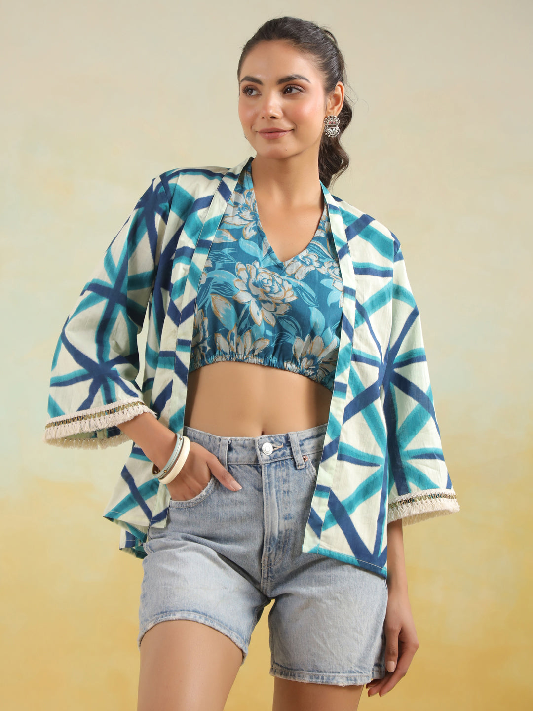 Cream Printed Blouse and Kimono Set