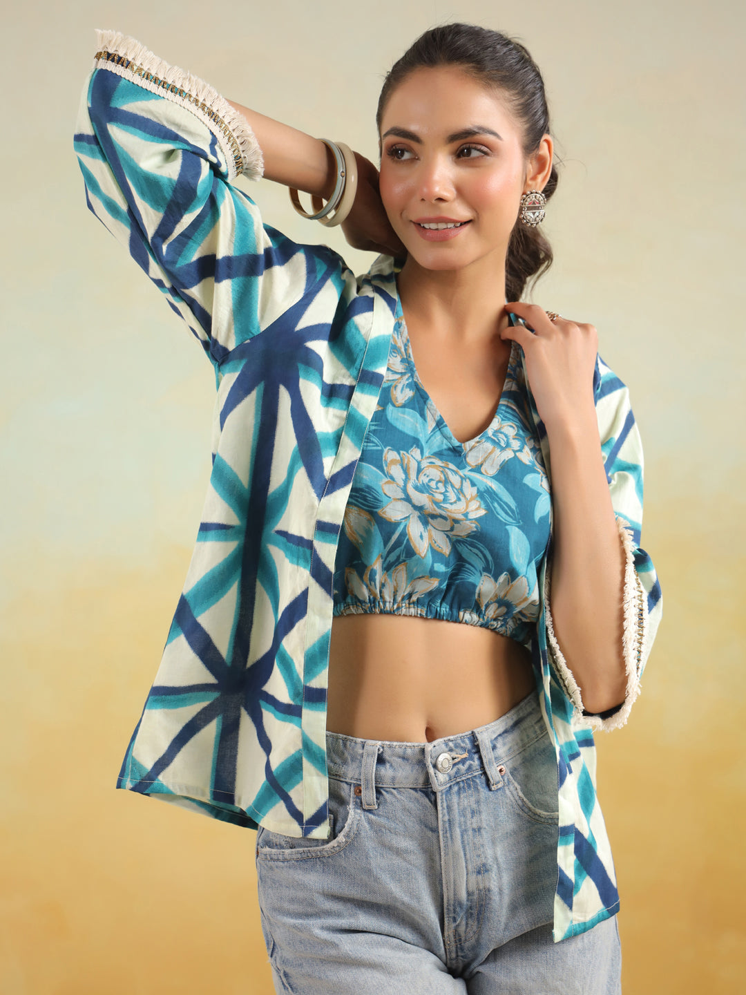 Cream Printed Blouse and Kimono Set