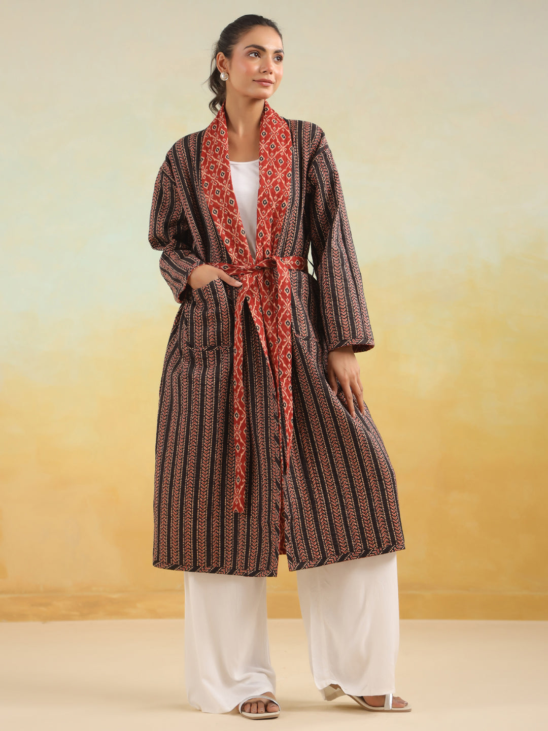 Ikkat Printed Light Quilted Reversible Cotton Robe
