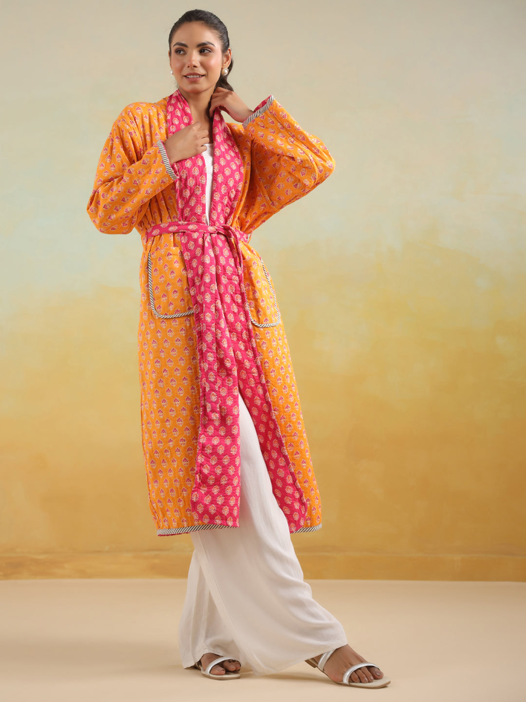 Pink & Yellow Reversible Quilted Cotton Robe
