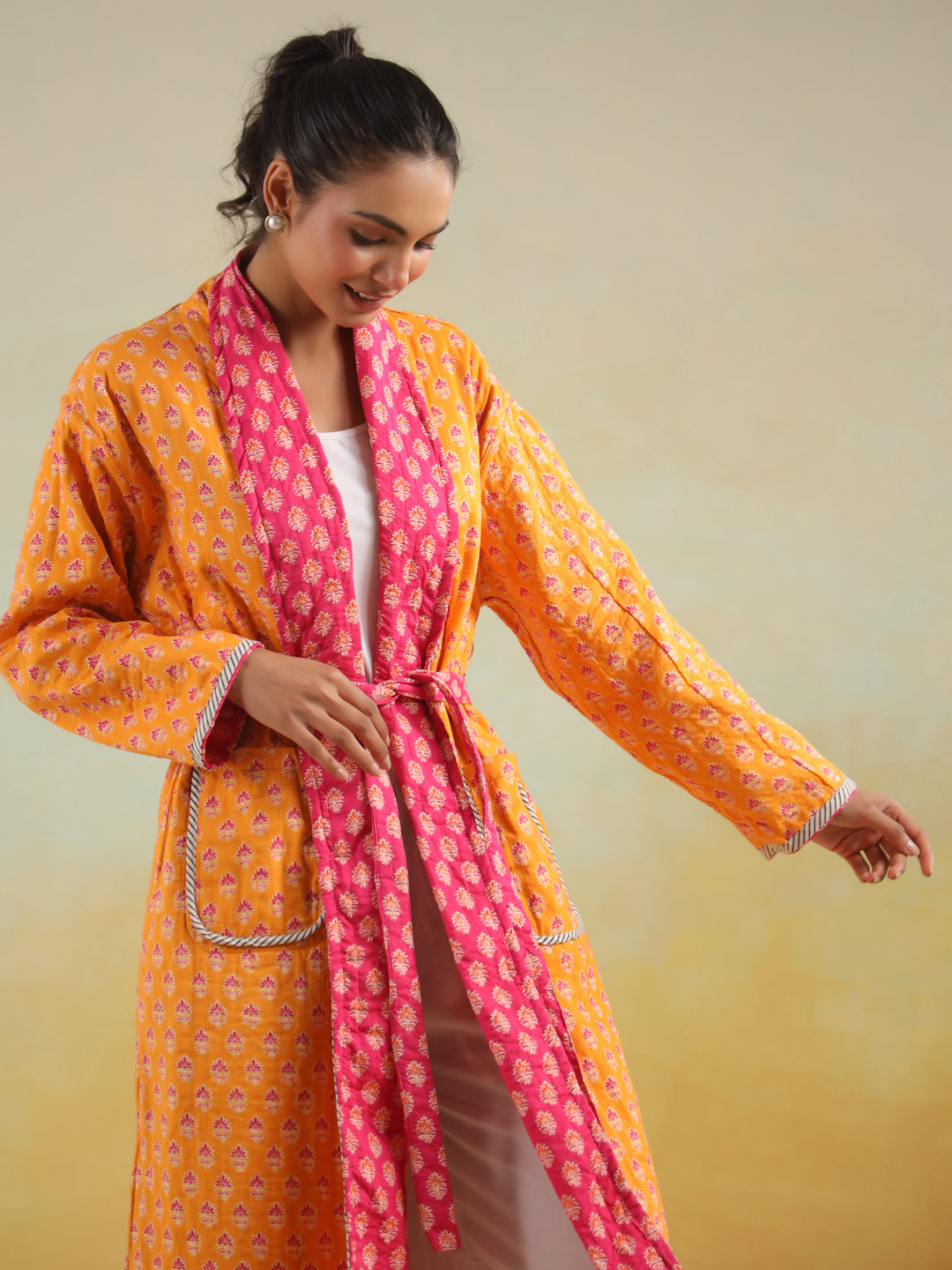 Pink & Yellow Reversible Quilted Cotton Robe