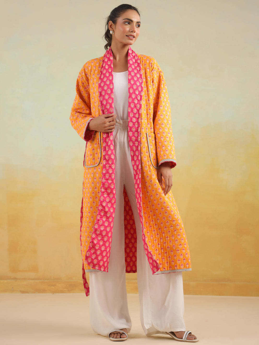 Pink & Yellow Reversible Quilted Cotton Robe