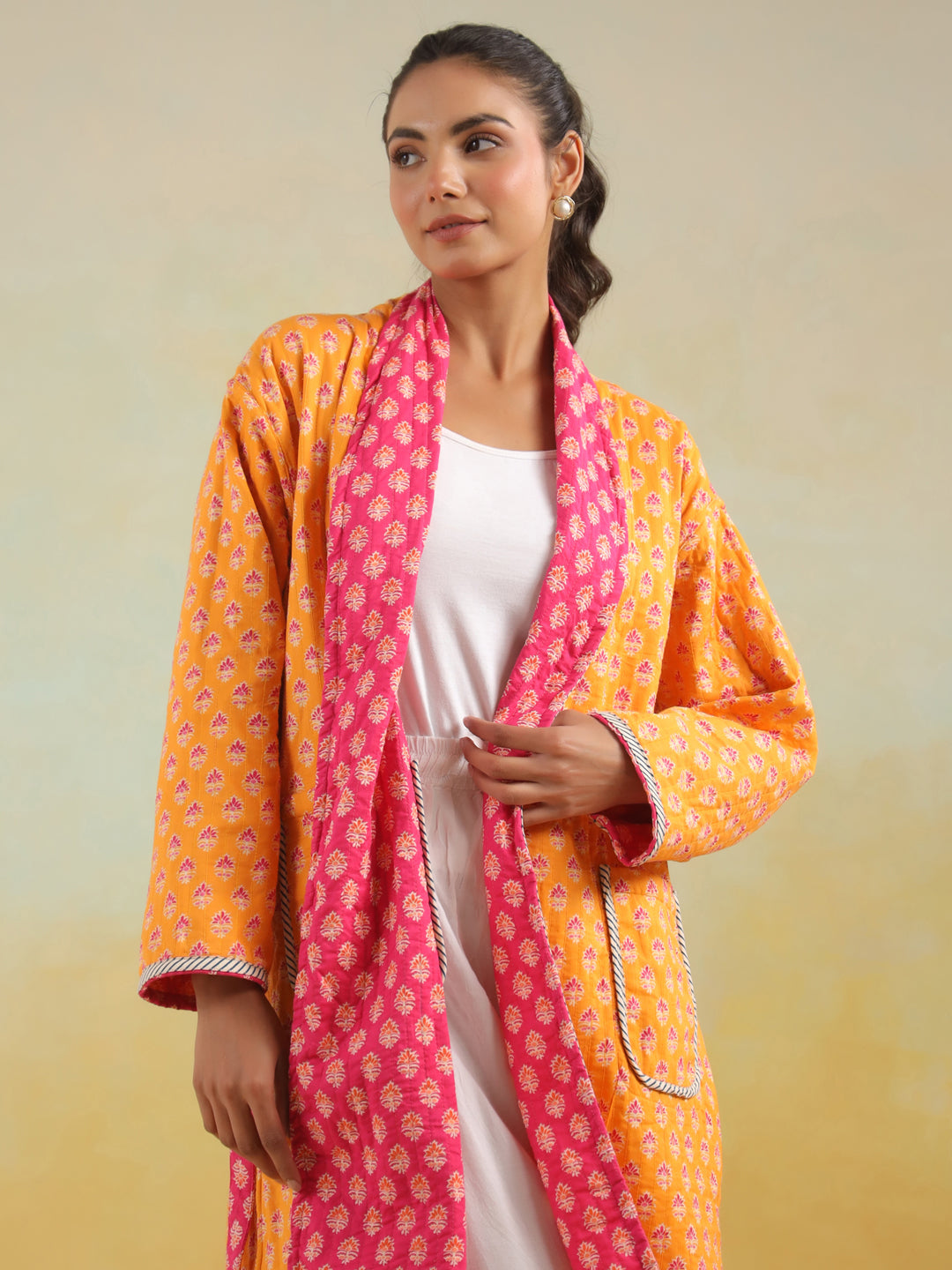 Pink & Yellow Reversible Quilted Cotton Robe