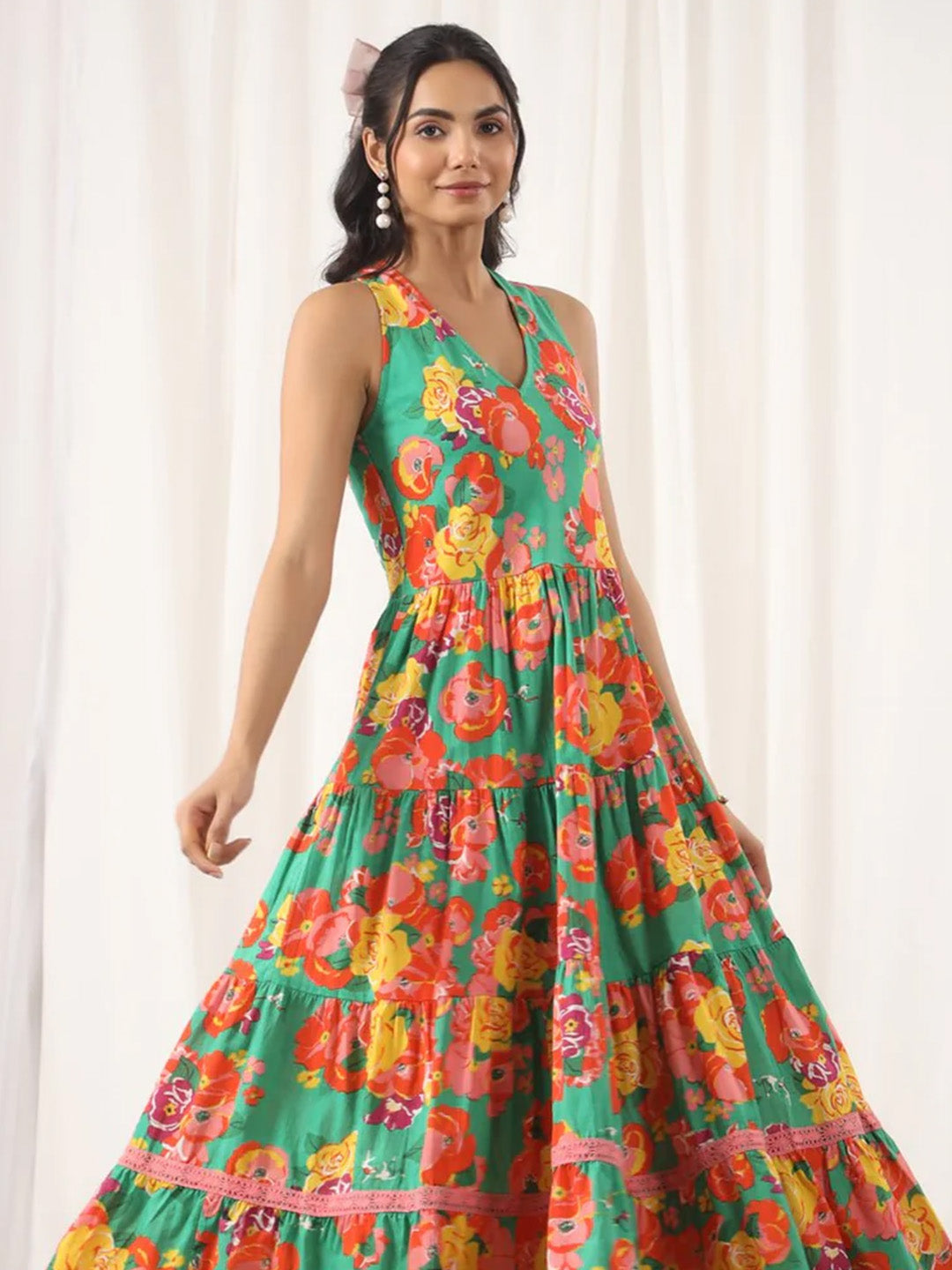 Green Printed Halter Neck Dress