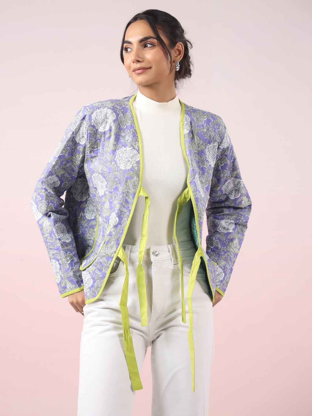 Light Purple Printed Free-Size Quilted Cotton Jacket