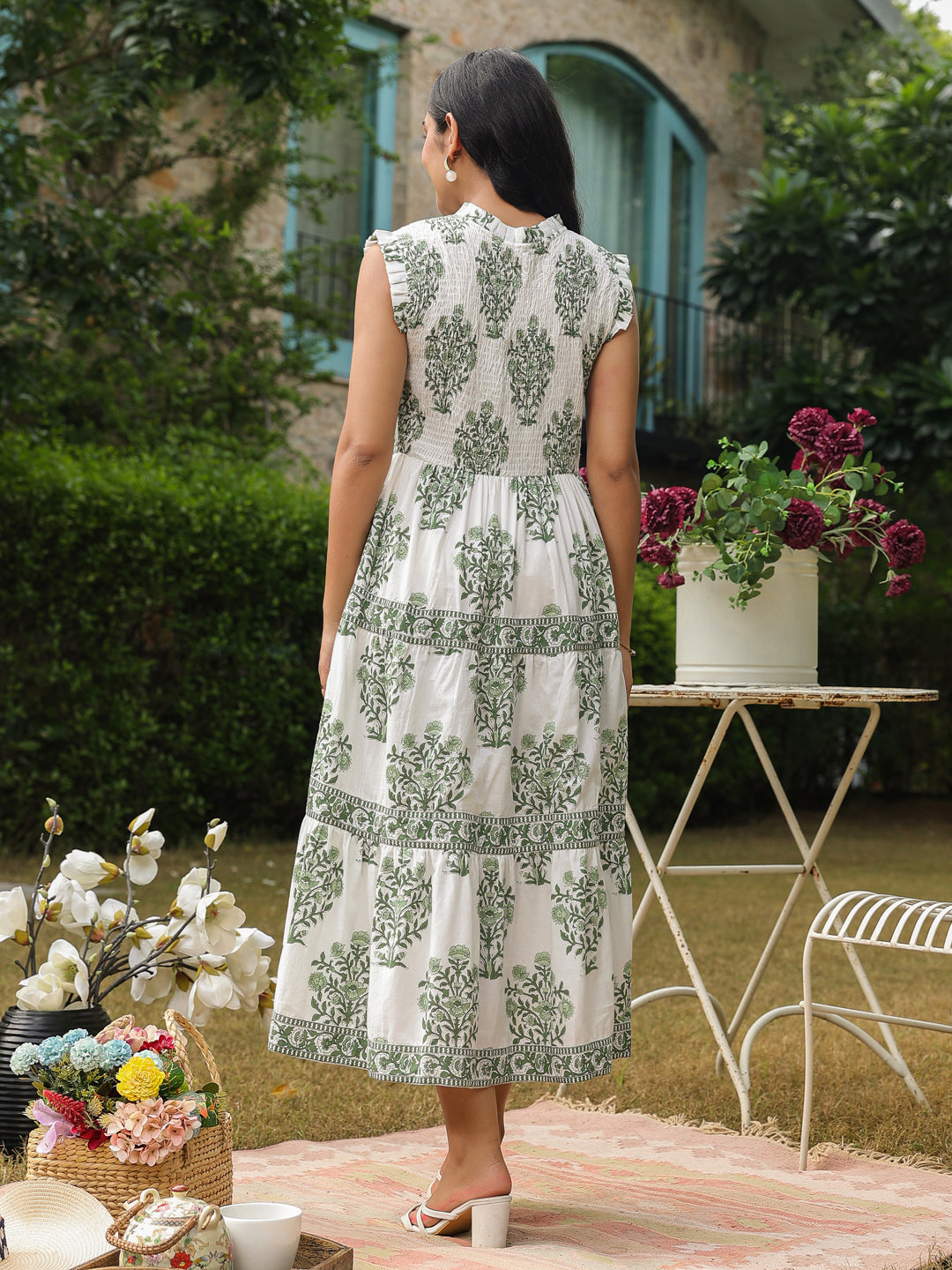 Sleeveless Cotton Printed Dress with Mughal Motifs & Smocking Yoke