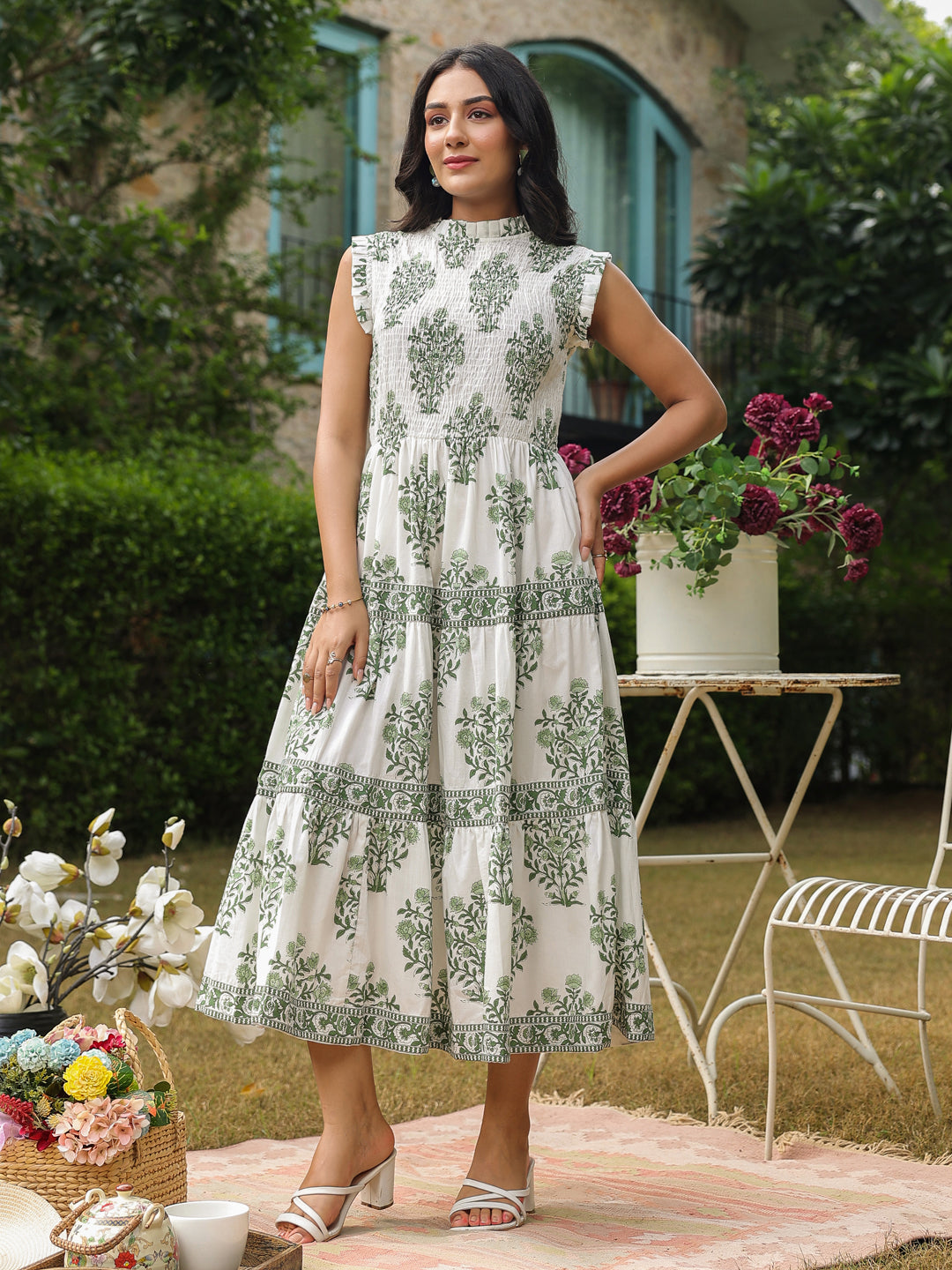 Sleeveless Cotton Printed Dress with Mughal Motifs & Smocking Yoke