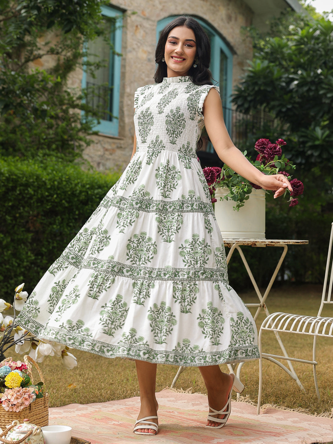 Sleeveless Cotton Printed Dress with Mughal Motifs & Smocking Yoke