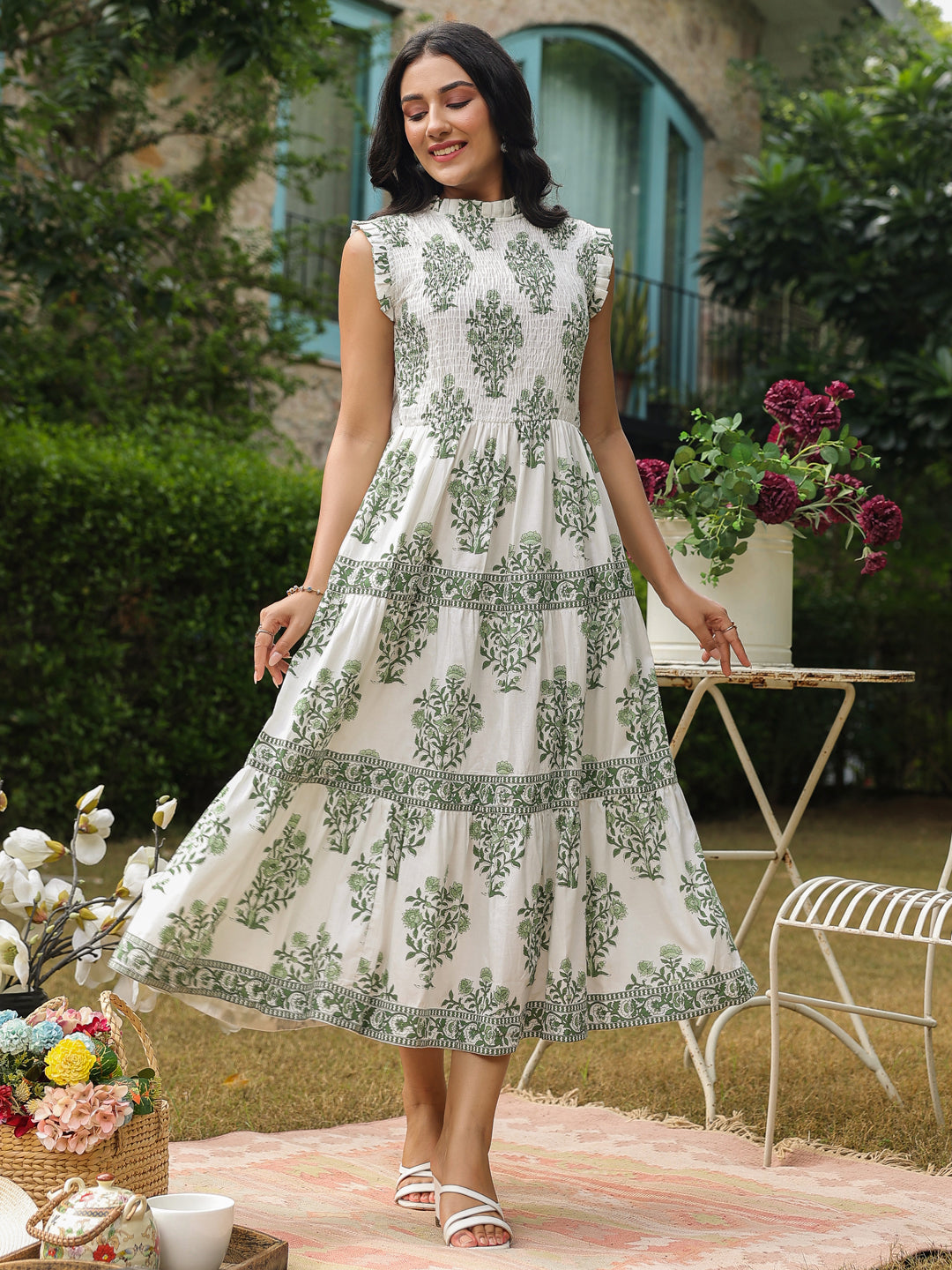 Sleeveless Cotton Printed Dress with Mughal Motifs & Smocking Yoke