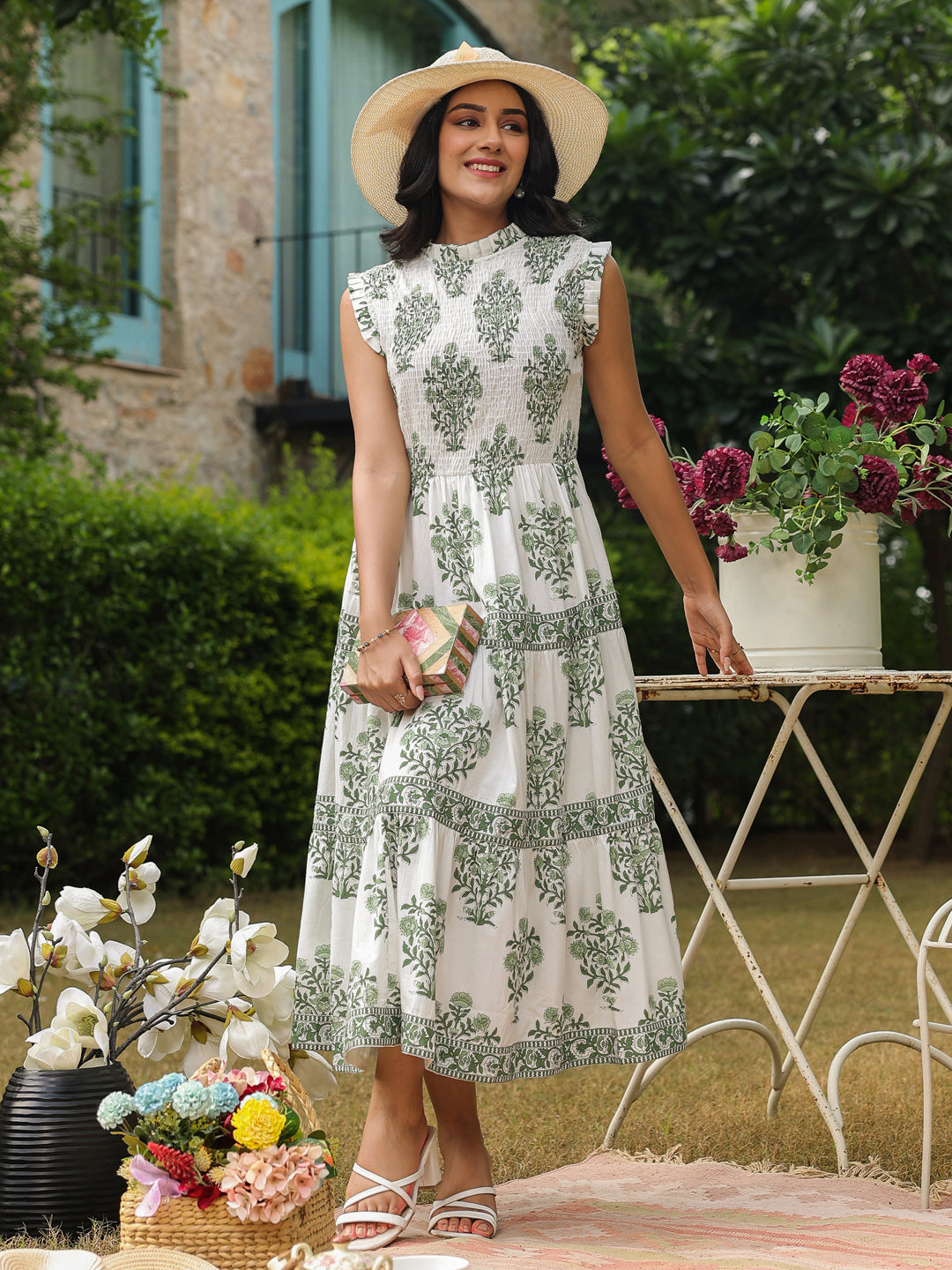 Sleeveless Cotton Printed Dress with Mughal Motifs & Smocking Yoke