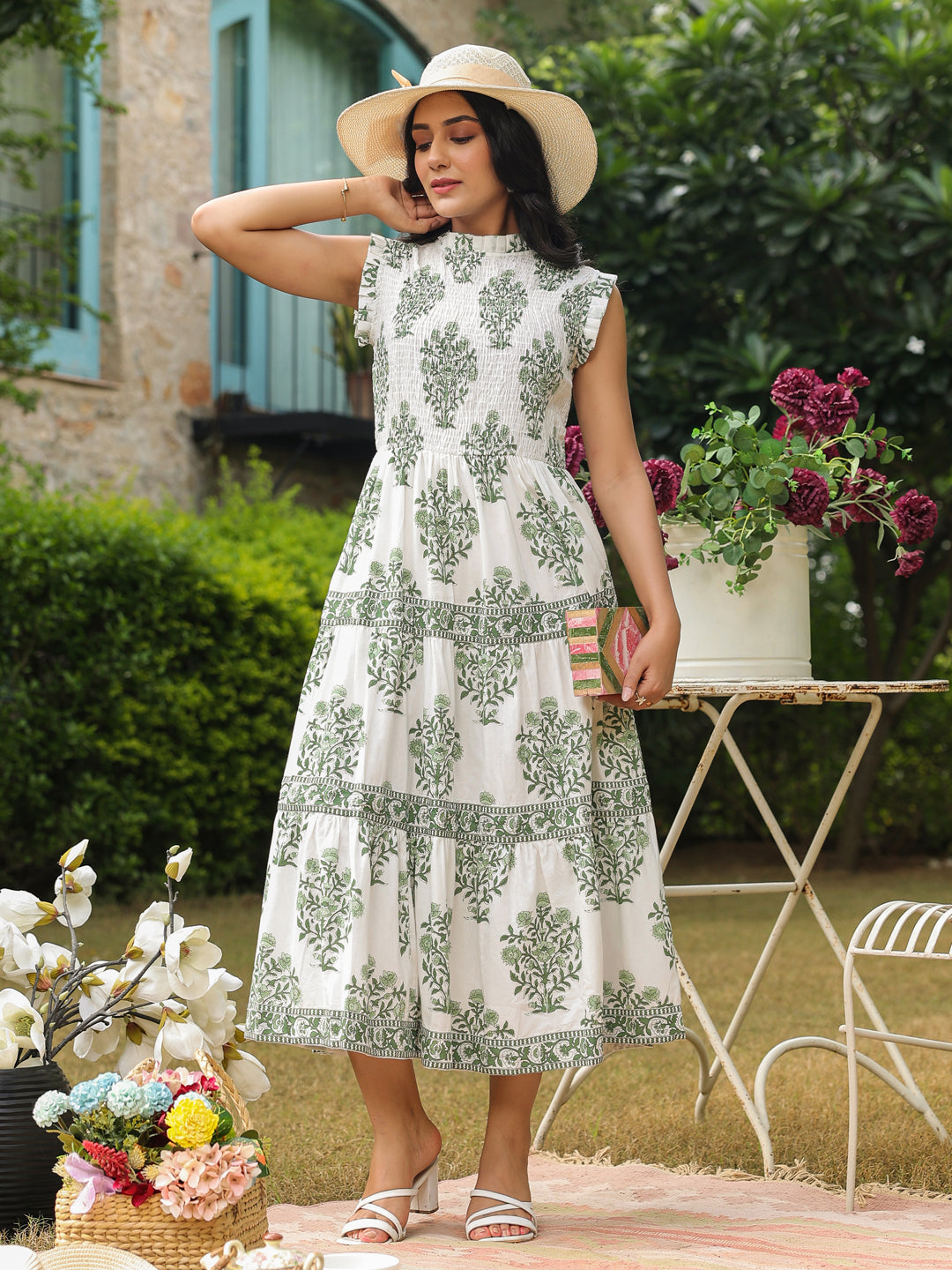 Sleeveless Cotton Printed Dress with Mughal Motifs & Smocking Yoke