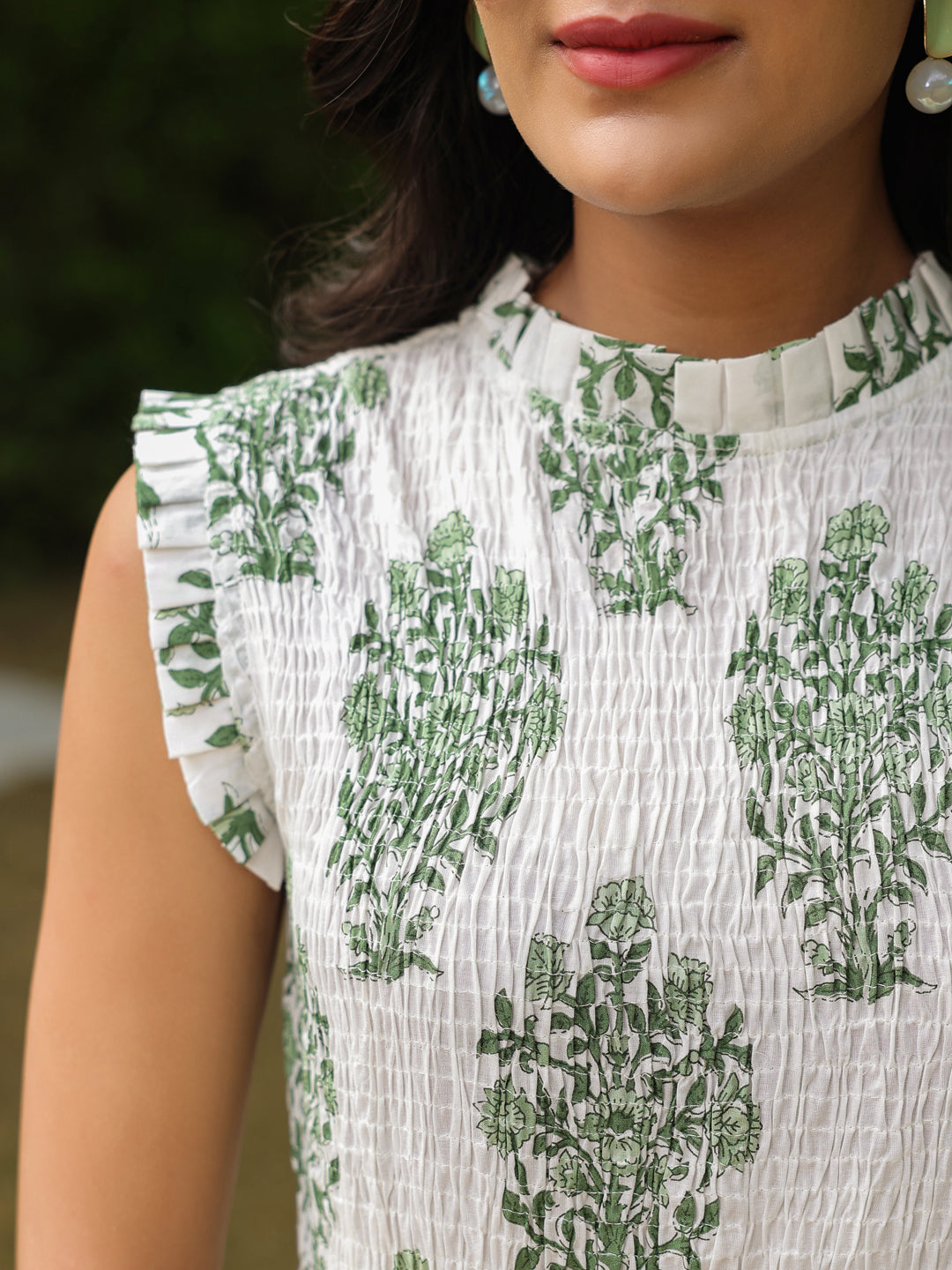 Sleeveless Cotton Printed Dress with Mughal Motifs & Smocking Yoke