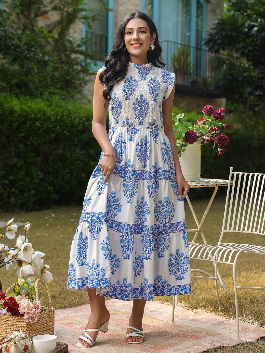 Sleeveless Cotton Printed Dress with Mughal Motifs & Smocking Yoke
