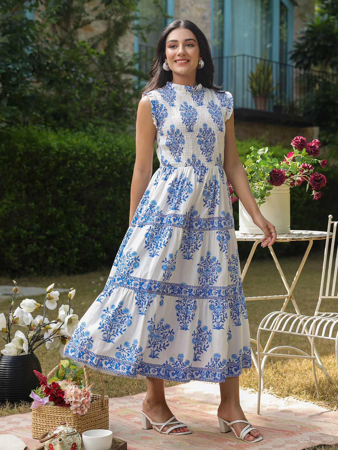 Sleeveless Cotton Printed Dress with Mughal Motifs & Smocking Yoke